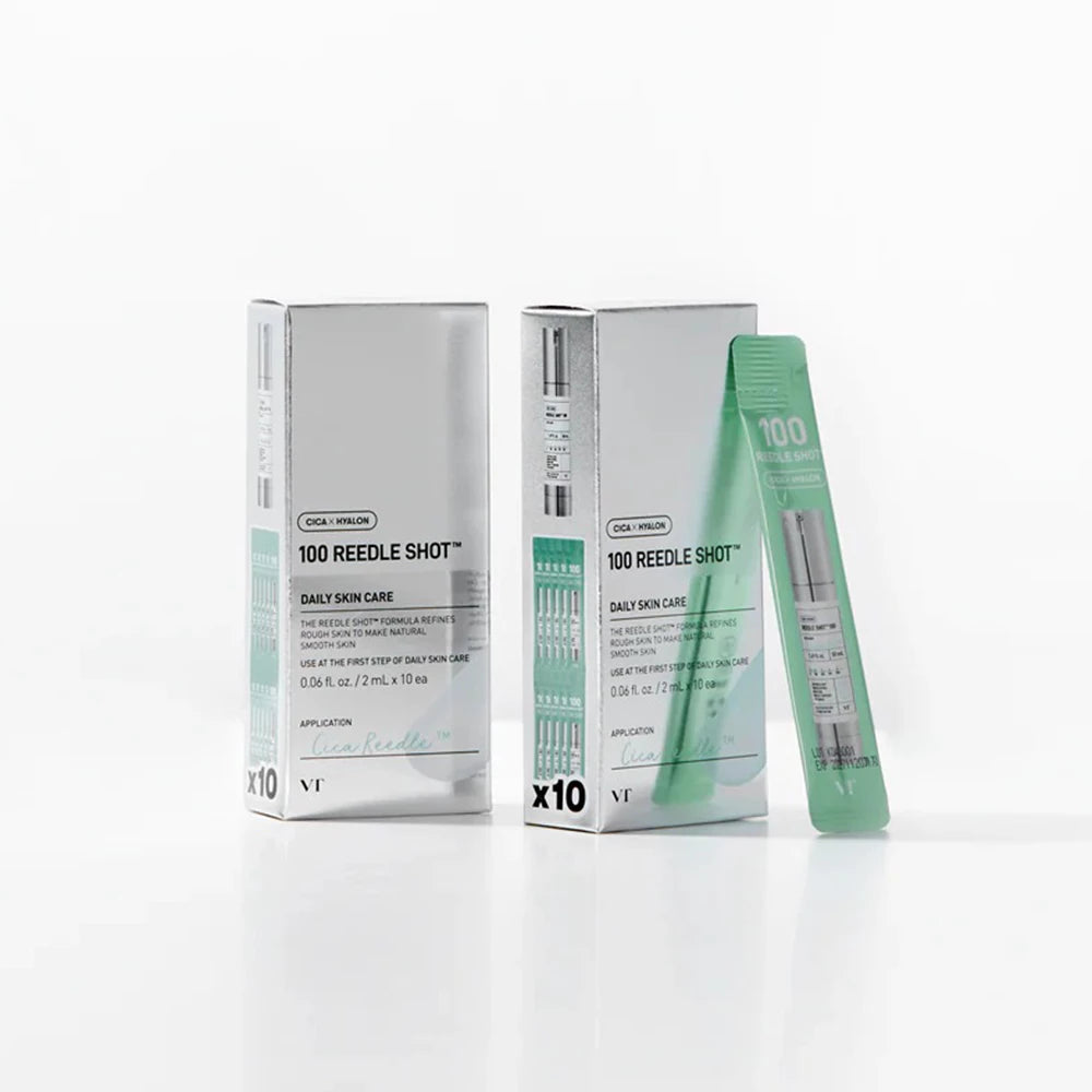 VT COSMETICS 100 Reedle Shot - Gesichtsserum mit Centella Asiatica und Hyaluronsäure, in 10 einzeln verpackten Reisegrößen-Päckchen für einmalige Anwendung zu Hause oder unterwegs - 2ml x 10 Stk.