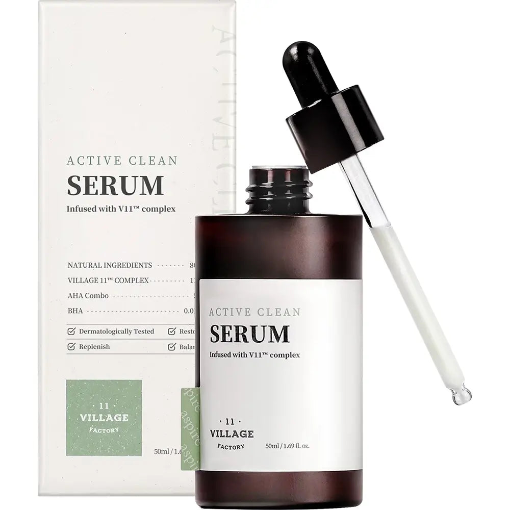 VILLAGE 11 FACTORY Active Clean Serum - Gesichtsserum mit Glykolsäure und Milchsäure, das zu einem sanften Peeling der Haut beiträgt und ein strahlendes Aussehen bewahrt - 50 ml