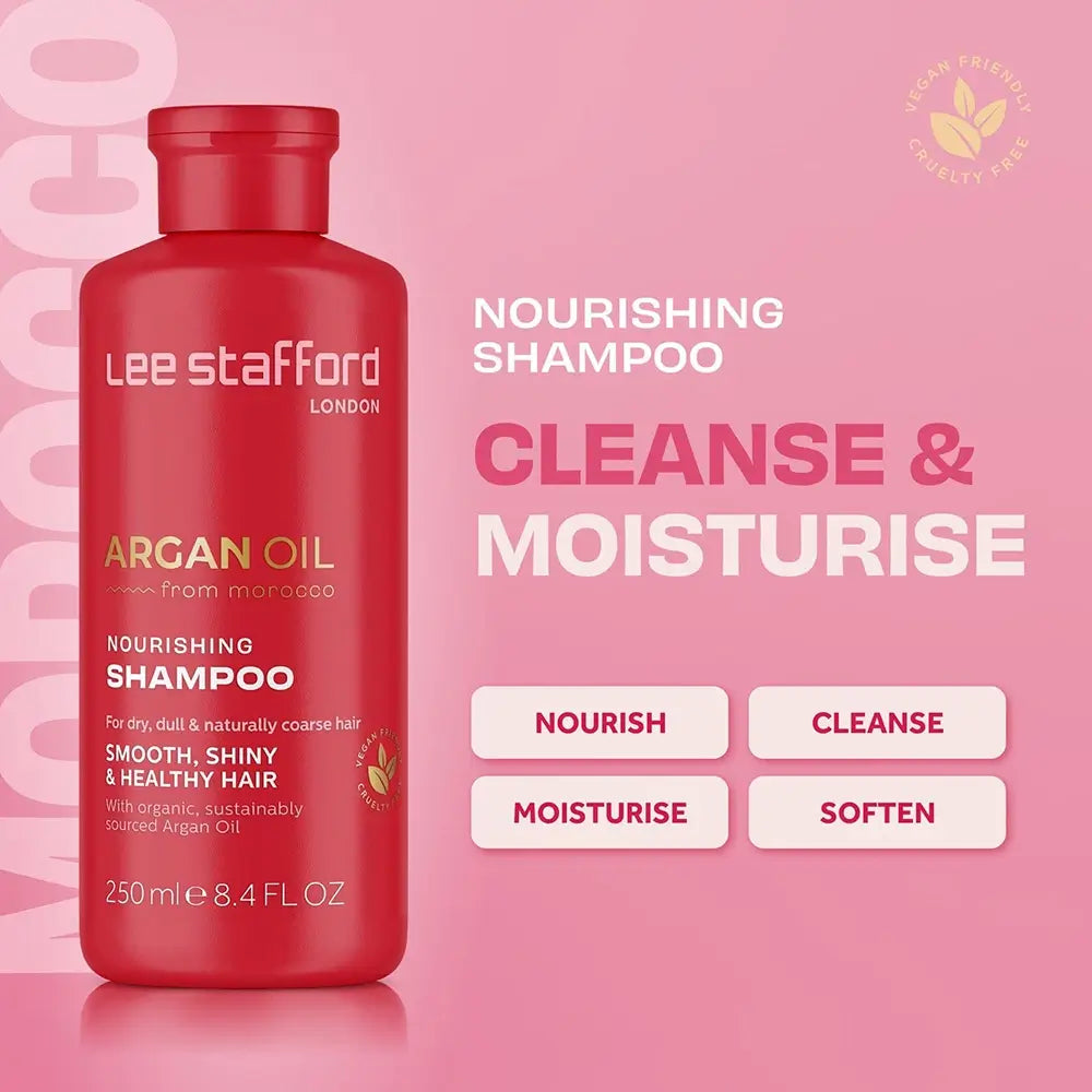 LEE STAFFORD Arganöl aus Marokko Pflegendes Shampoo - Shampoo mit Bio-Arganöl und Glyzerin, das trockenes und geschädigtes Haar mit Feuchtigkeit versorgt und es sauber und frisch hält - 250 ml