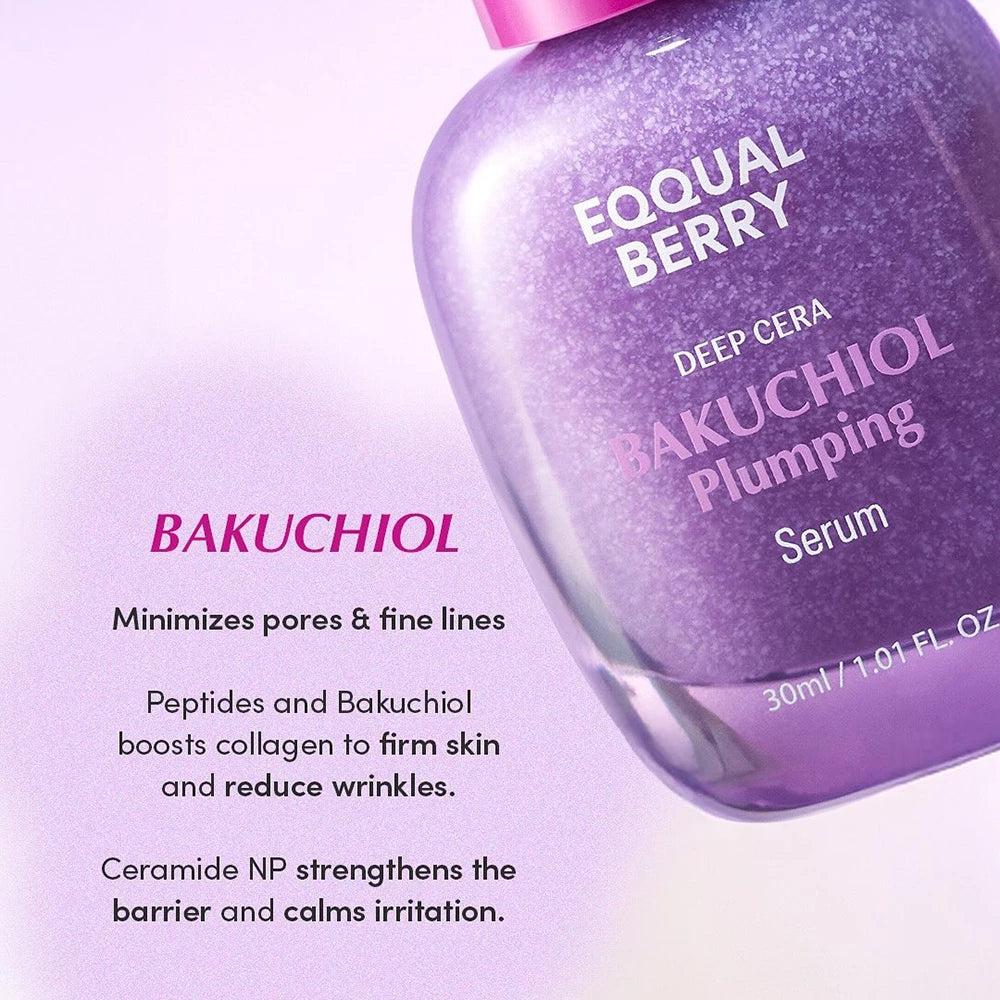 EQQUALBERRY Bakuchiol Plumping Serum - Gesichtsserum mit Bakuchiol und Hyaluronsäure zur Reduzierung feiner Linien und zur Feuchtigkeitspflege - 30 ml