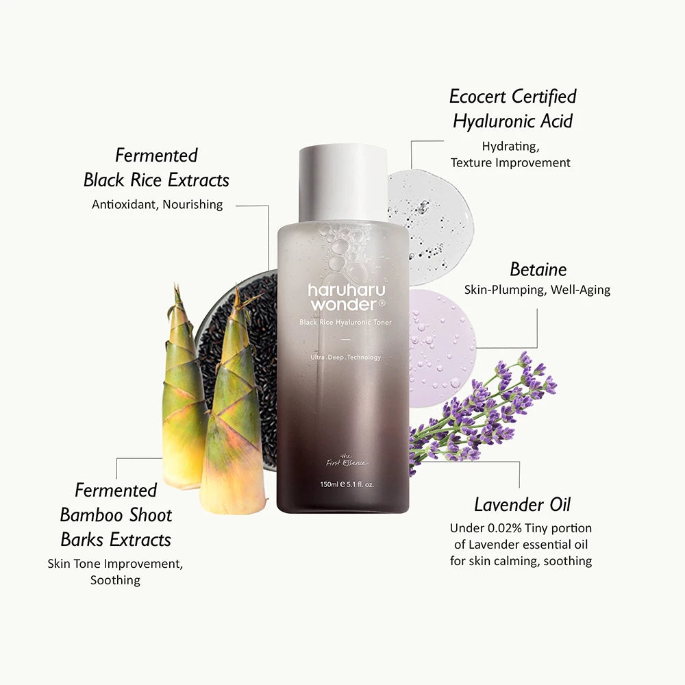 HARUHARU WONDER Black Rice Hyaluronic Toner - Toner für Gesicht, formuliert mit fermentiertem schwarzen Reisextrakt und Hyaluronsäure, die zur Hautfeuchtigkeit und zur Aufrechterhaltung des optimalen Feuchtigkeitsniveaus der Haut beitragen - 150 ml