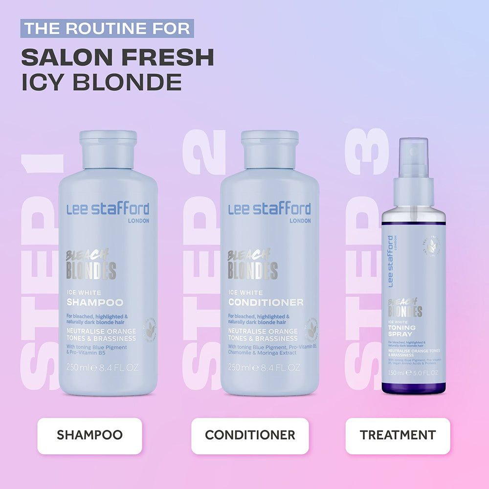 LEE STAFFORD Bleach Blondes Ice White Toner Korrekturspray - Balsam mit blauen Pigmenten und Pro-Vitamin B5 (Panthenol) zur Neutralisierung von Gelb- und Orangetönen und zur Erhaltung kühler Nuancen - 150 ml