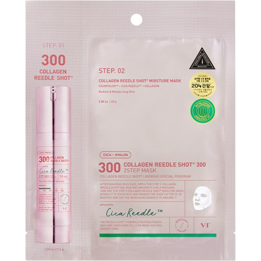 VT COSMETICS Kollagen Reedle Shot 300- 2stufige Tuchmaske - Gesichtsmaske formuliert mit Kollagen und Centella Asiatica, die zur Hauternährung und zur Beruhigung der Haut beitragen - 1,5 g + 25 g