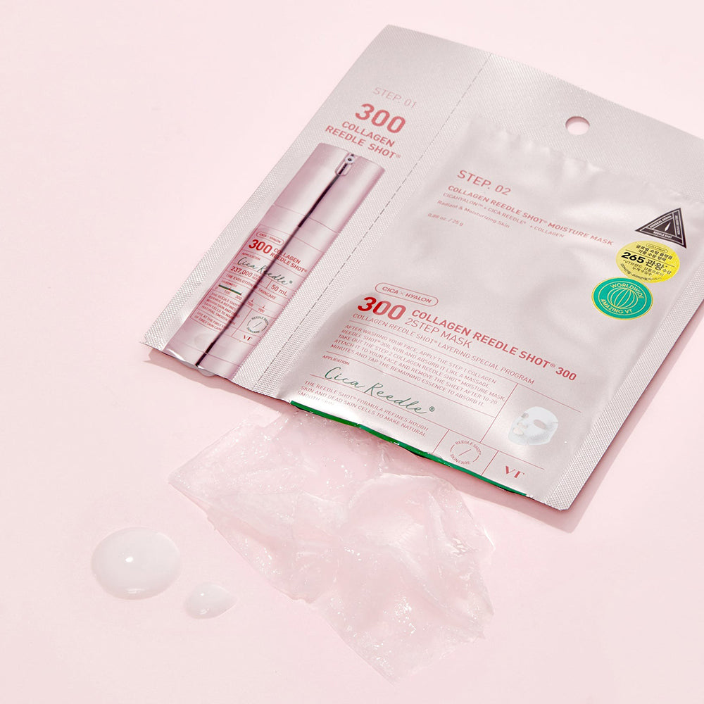 VT COSMETICS Kollagen Reedle Shot 300- 2stufige Tuchmaske - Gesichtsmaske formuliert mit Kollagen und Centella Asiatica, die zur Hauternährung und zur Beruhigung der Haut beitragen - 1,5 g + 25 g