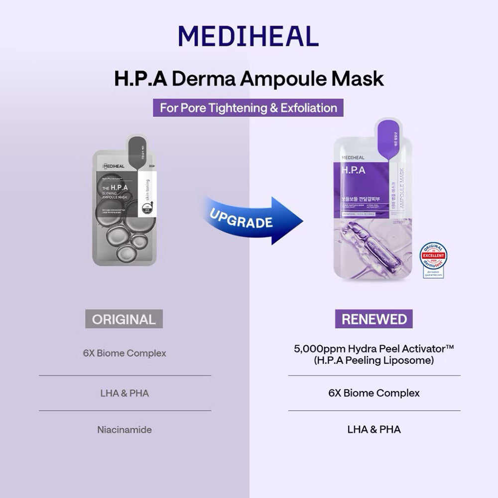 MEDIHEAL Derma Ampoule Sheet Mask H.P.A - masca de fata tip servetel formulata cu PHA si niacinamida, care contribuie la exfolierea delicata, rafinarea porilor si la mentinerea nivelului optim de hidratare - 26 ml