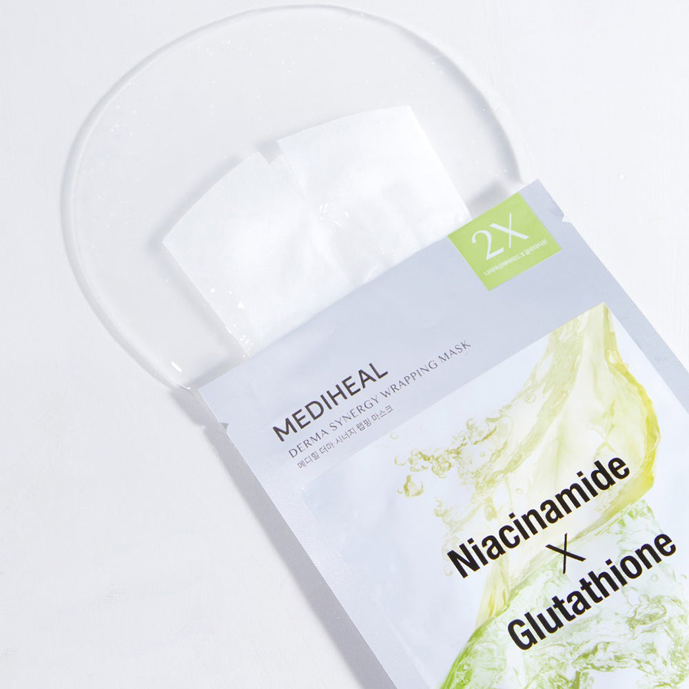 MEDIHEAL Derma Synergy Wrapping Sheet Mask Niacinamide X Glutathione Blemish - masca de fata tip servetel formulata cu niacinamida si glutation, care contribuie la imbunatatirea aspectului petelor si al texturii neuniforme - 25 ml