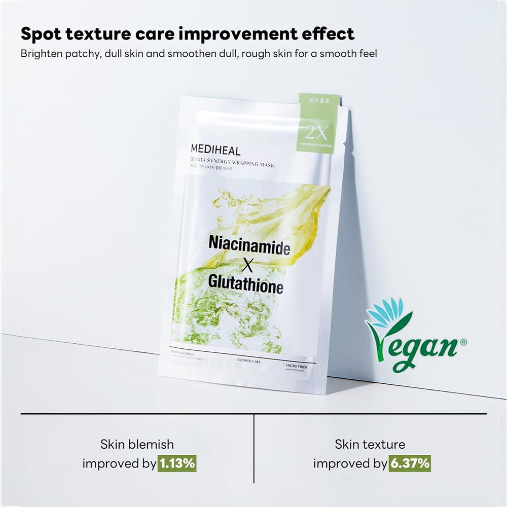 MEDIHEAL Derma Synergy Wrapping Sheet Mask Niacinamide X Glutathione Blemish - masca de fata tip servetel formulata cu niacinamida si glutation, care contribuie la imbunatatirea aspectului petelor si al texturii neuniforme - 25 ml