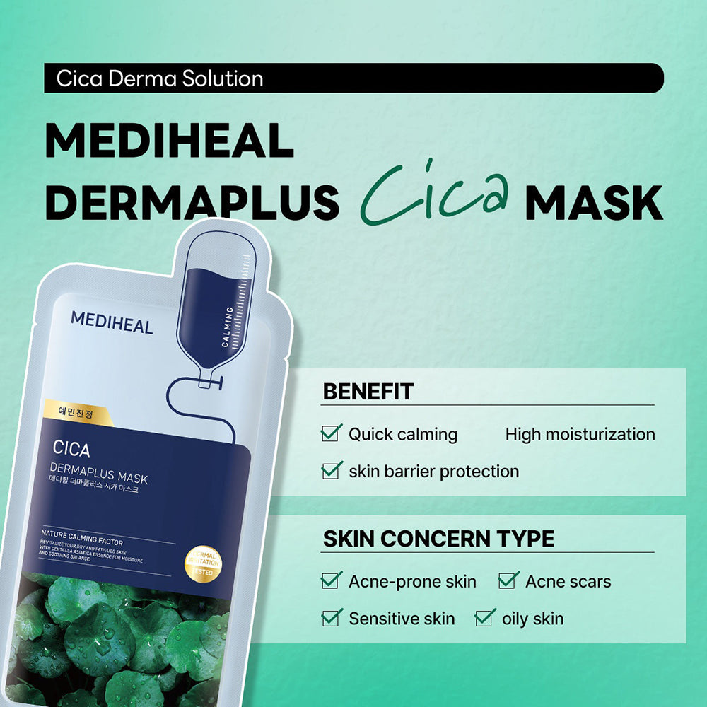 MEDIHEAL Dermaplus Cica Sheet Mask - masca de fata tip servetel formulata cu Centella Asiatica si pantenol, care contribuie la calmarea pielii si la mentinerea confortului cutanat - 22 ml