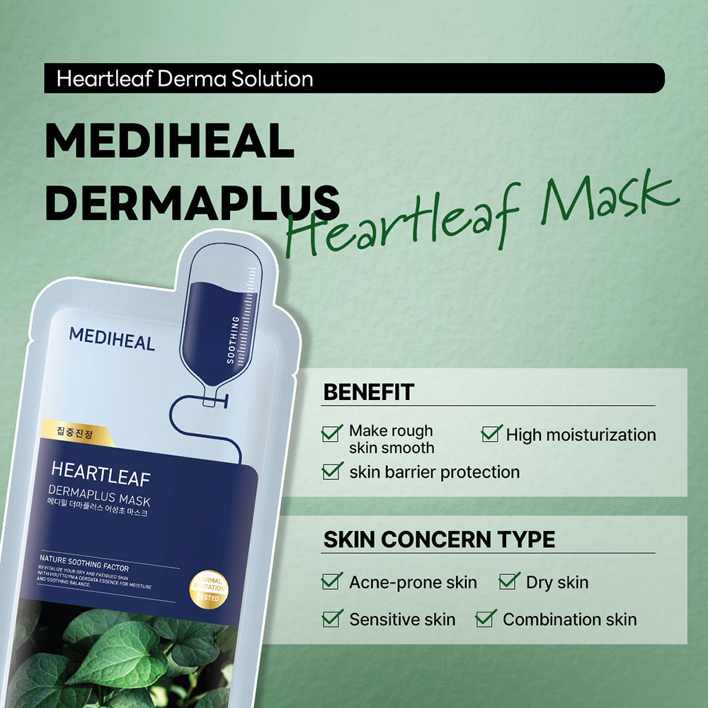 MEDIHEAL Dermaplus Heartleaf Sheet Mask - masca de fata tip servetel formulata cu extract de Houttuynia Cordata si acid hialuronic, care contribuie la reducerea disconfortului pielii si la sustinerea unui nivel optim de hidratare - 22 ml