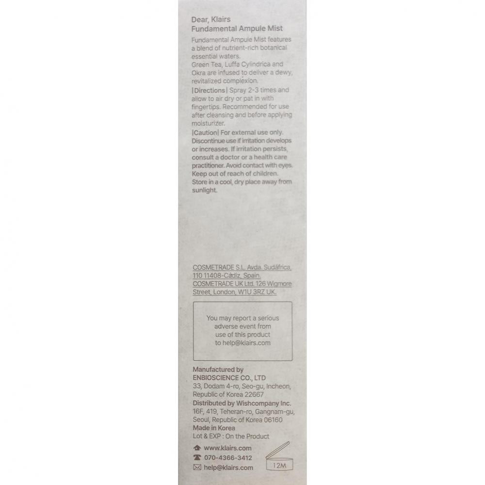 Dear Klairs Fundamentales Feuchtigkeitsspray für das Gesicht ohne Duftstoffe - Beruhigung und Feuchtigkeit mit grünem Tee, 125 ml