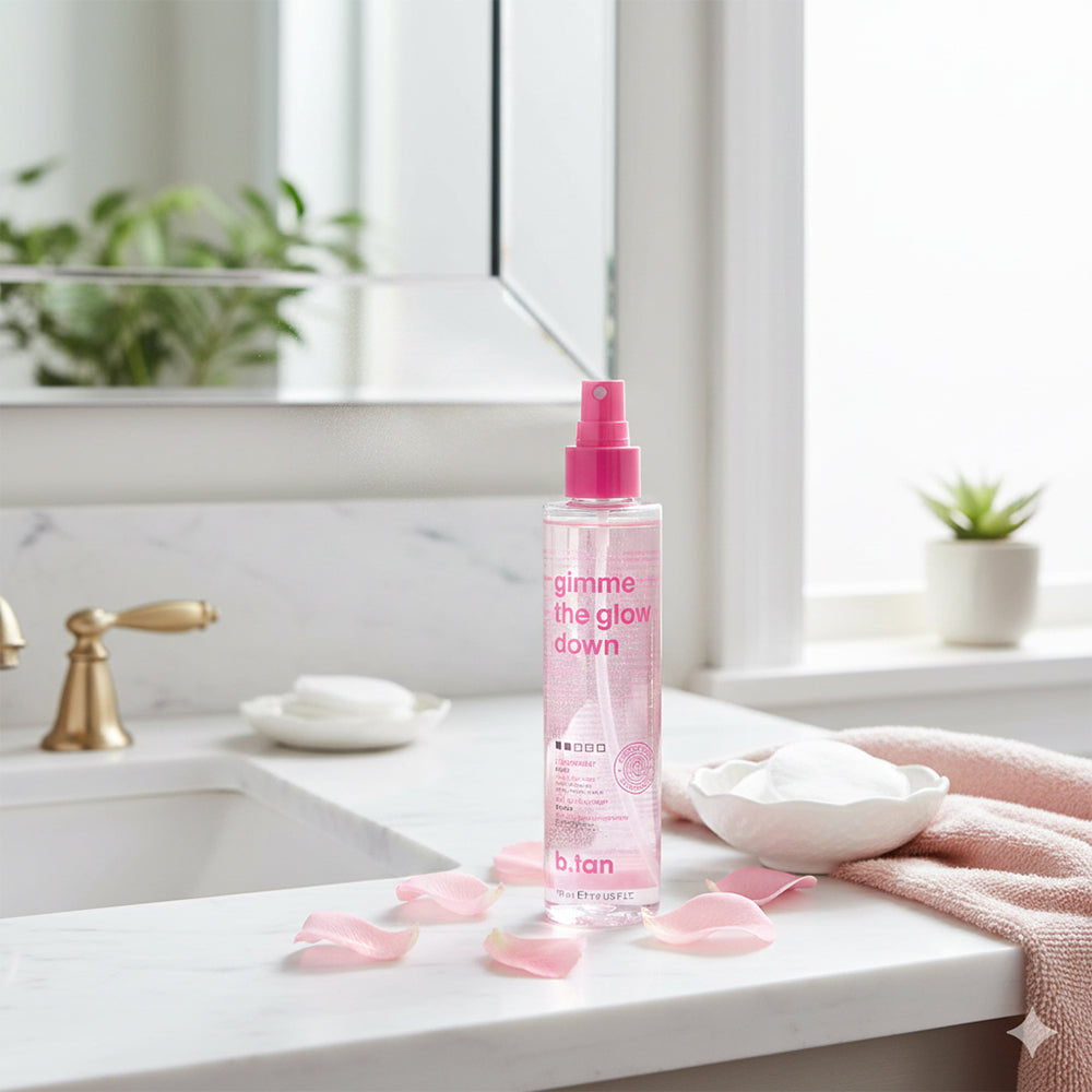 B.tan Gimme The Glow Down Mist Selbstbräuner für Gesicht und Körper - Natürlicher Ton, Gleichmäßiger Glanz und Beruhigung mit Rosenwasser, 190 ml