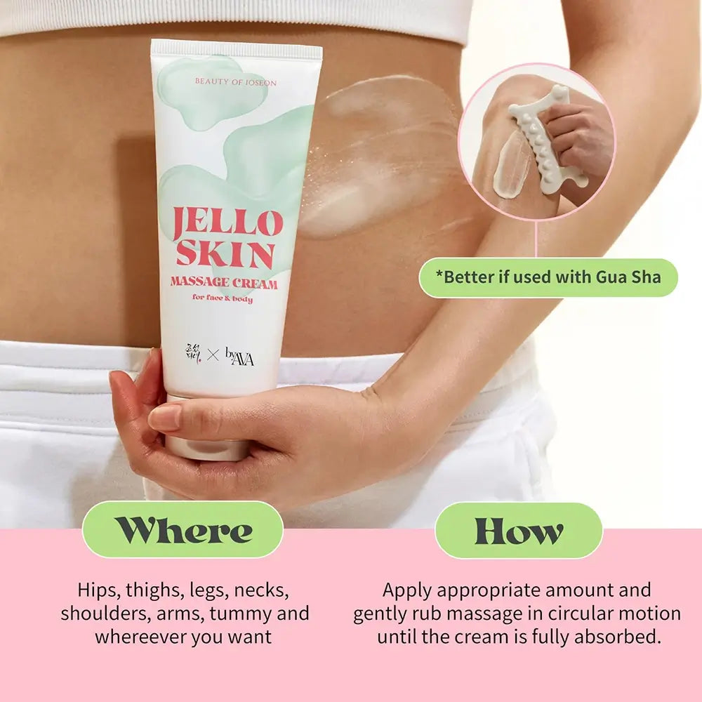 Anwendung der Jelloskin Massage Cream auf Gesicht und Körper – glatte, genährte Haut sichtbar
