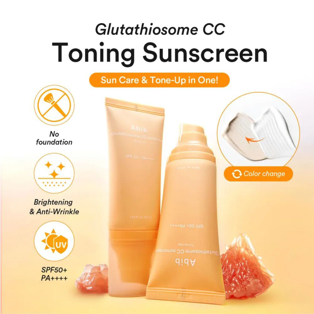 ABIB Glutathiosome CC Sunscreen Toning Tube SPF 50+ PA++++ - crema de fata formulata cu glutation si niacinamida, care contribuie la protectia solara si la uniformizarea nuantei tenului - 50 ml
