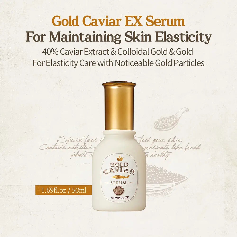SKINFOOD Gold Caviar EX Serum für das Gesicht mit Kaviar und Gold - Intensive Feuchtigkeit und Faltenreduktion, 50 ml