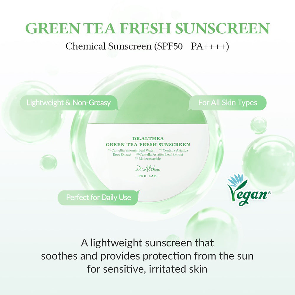Dr. Althea Grüner Tee Sonnenschutz - Gesichtscreme mit Camellia Sinensis Blattwasser und Centella Asiatica Extrakt, beruhigt empfindliche Haut, UVA/UVB-Schutz SPF50 PA++++ - 45 ml