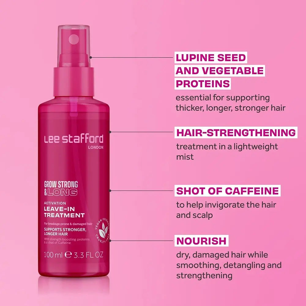 LEE STAFFORD Grow Strong&Long Aktivierungs-Leave-in-Behandlung - Spray-Formel mit hydrolysiertem Lupinen-Samenextrakt, das hilft, das Haar zu stärken und stark zu halten - 100 ml
