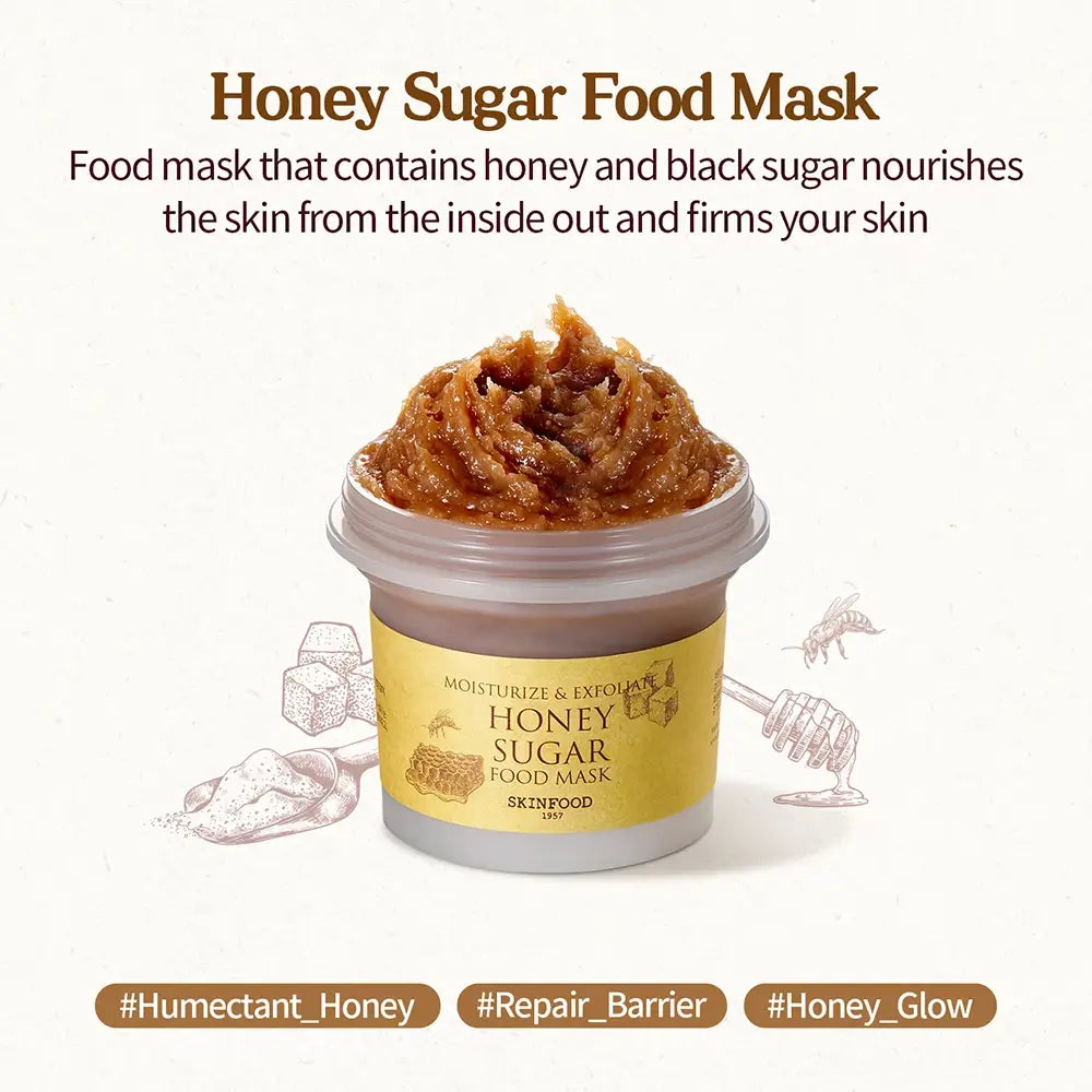 SKINFOOD Honig Zucker Maske - Gesichtsmaske mit Manuka-Honig und schwarzem Zucker zur sanften Hautpeeling und Feuchtigkeitspflege - 120 g