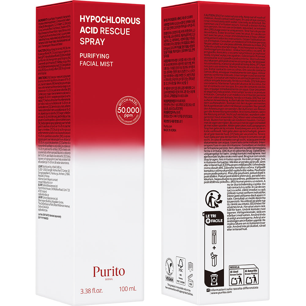 PURITO Hypochlorous Acid Rescue Spray - Spray pentru față formulat cu acid hipocloros și aloe vera, care contribuie la purificarea pielii și la menținerea confortului cutanat - 100 ml