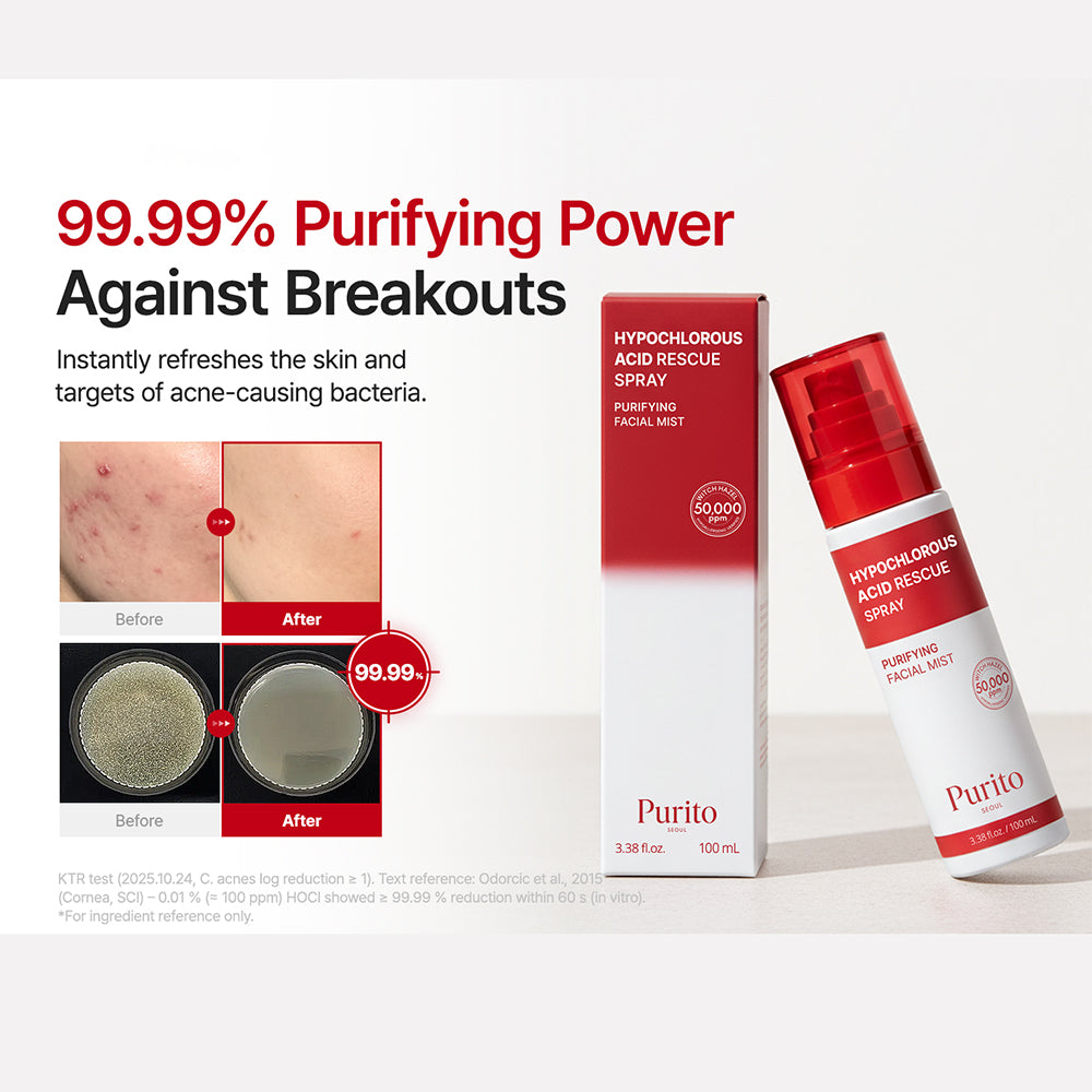 PURITO Hypochlorous Acid Rescue Spray - Spray pentru față formulat cu acid hipocloros și aloe vera, care contribuie la purificarea pielii și la menținerea confortului cutanat - 100 ml