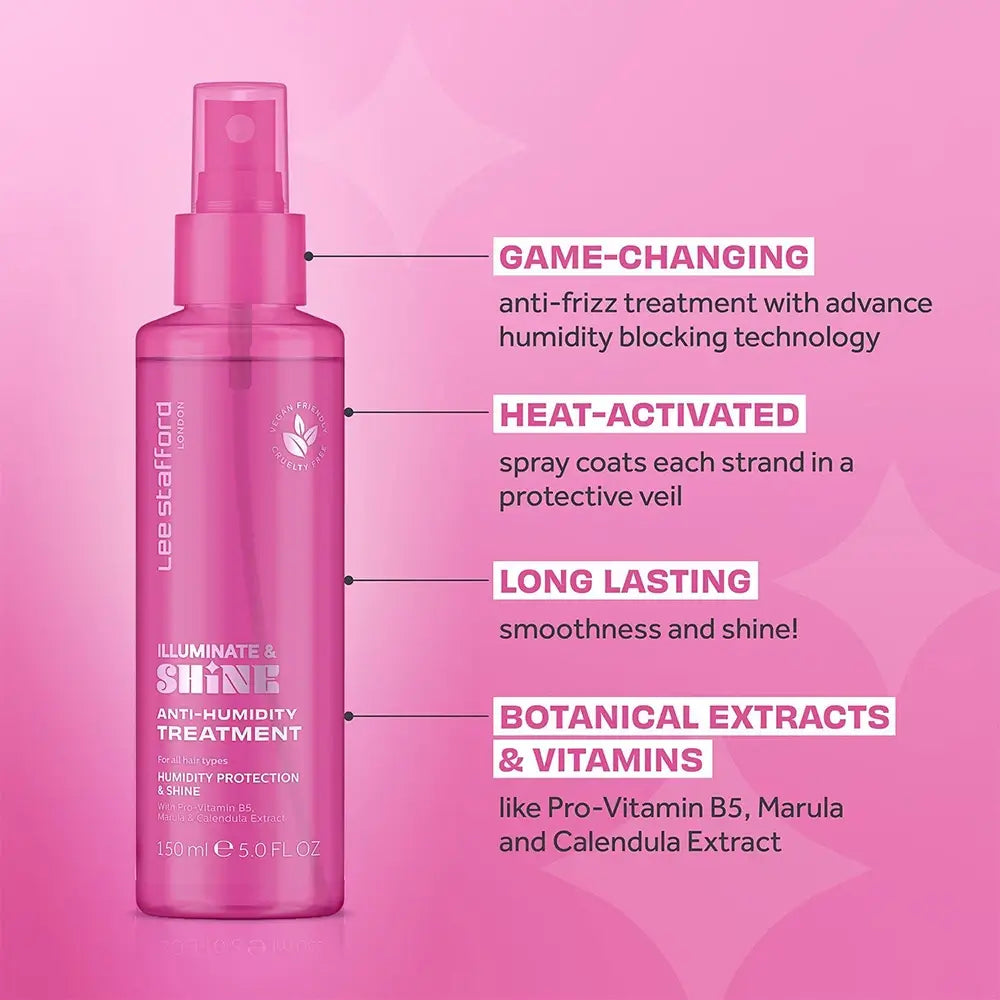 LEE STAFFORD Illuminate & Shine Anti-Umiditate Tratament - spray pentru păr formulat cu Pro-Vitamina B5 (Pantenol) și extract de Marula, care contribuie la hidratarea părului și la menținerea aspectului neted - 150 ml
