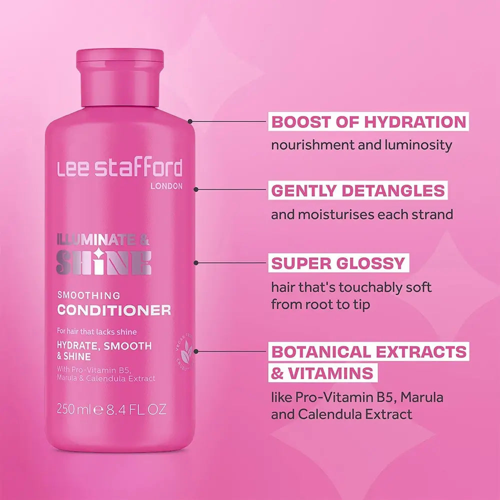LEE STAFFORD Illuminate & Shine Glättende Spülung – Balsam mit Pro-Vitamin B5 und Marulaöl für Feuchtigkeit und Glanz – 250 ml