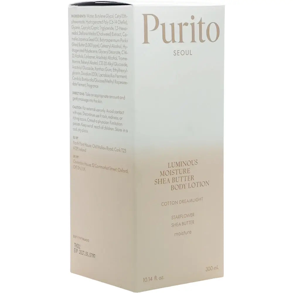 PURITO Luminous Moisture Shea Butter - Körperlotion angereichert mit fermentierter Sheabutter und Kameliensamenöl, für Hautfeuchtigkeit und Komfort - 300 ml