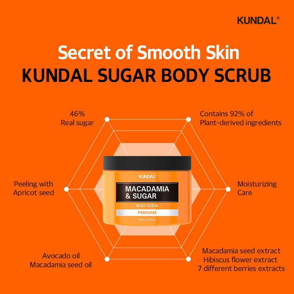 KUNDAL Macadamia & Zucker Körperpeeling - Peeling für den Körper, formuliert mit Zucker und Macadamiaöl, das zur Entfernung abgestorbener Hautzellen beiträgt und den Hautkomfort aufrechterhält - 550 g