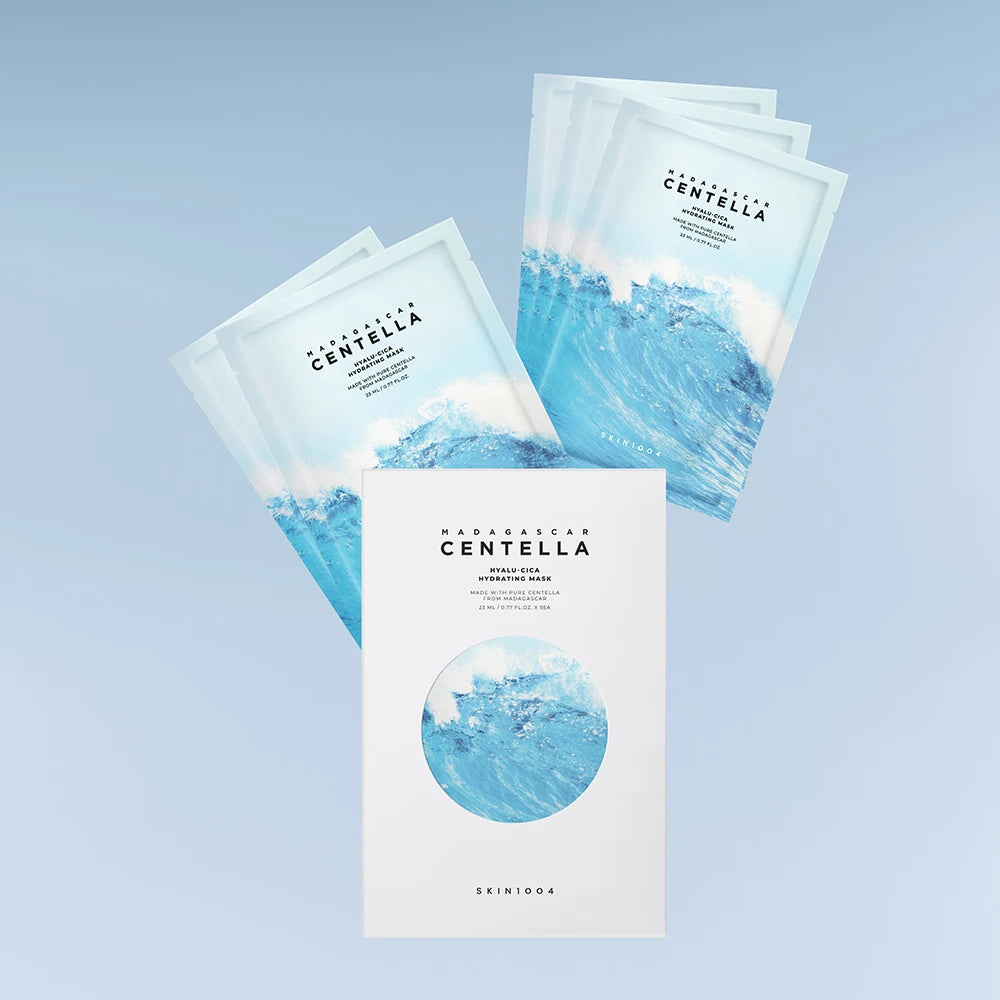SKIN1004 Madagaskar Centella Hyalu-Cica Feuchtigkeitsmaske – Gesichtsmaske mit 8 Arten Hyaluronsäure & Centella Asiatica Extrakt für Hautfeuchtigkeit & Komfort – 23 ml x 5 Stk.