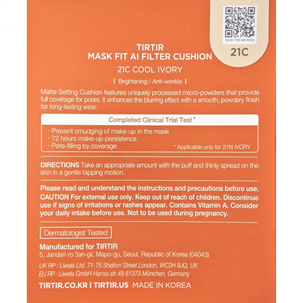 TIRTIR Mask Fit Ai Filter Cushion, 21C Cool Ivory, 18 g