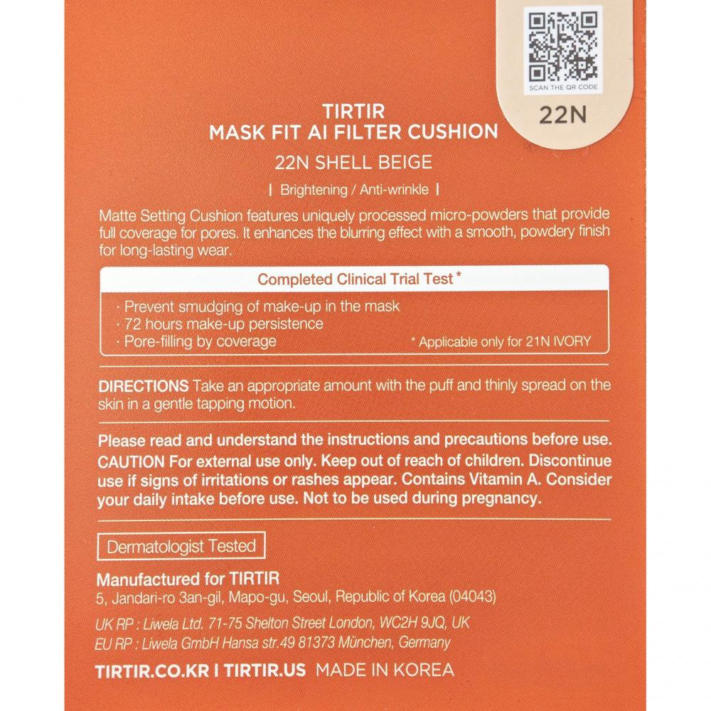 TIRTIR Mask Fit Ai Filter Cushion, 22N Shell Beige, 18 g