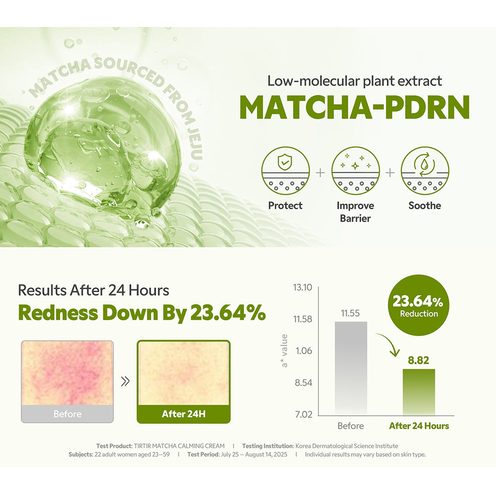 TIRTIR Matcha Calming Cream - crema de fata formulata cu Matcha PDRN si complexe vegetale, care contribuie la calmarea pielii reactive si la reducerea aspectului rosetii - 50 ml