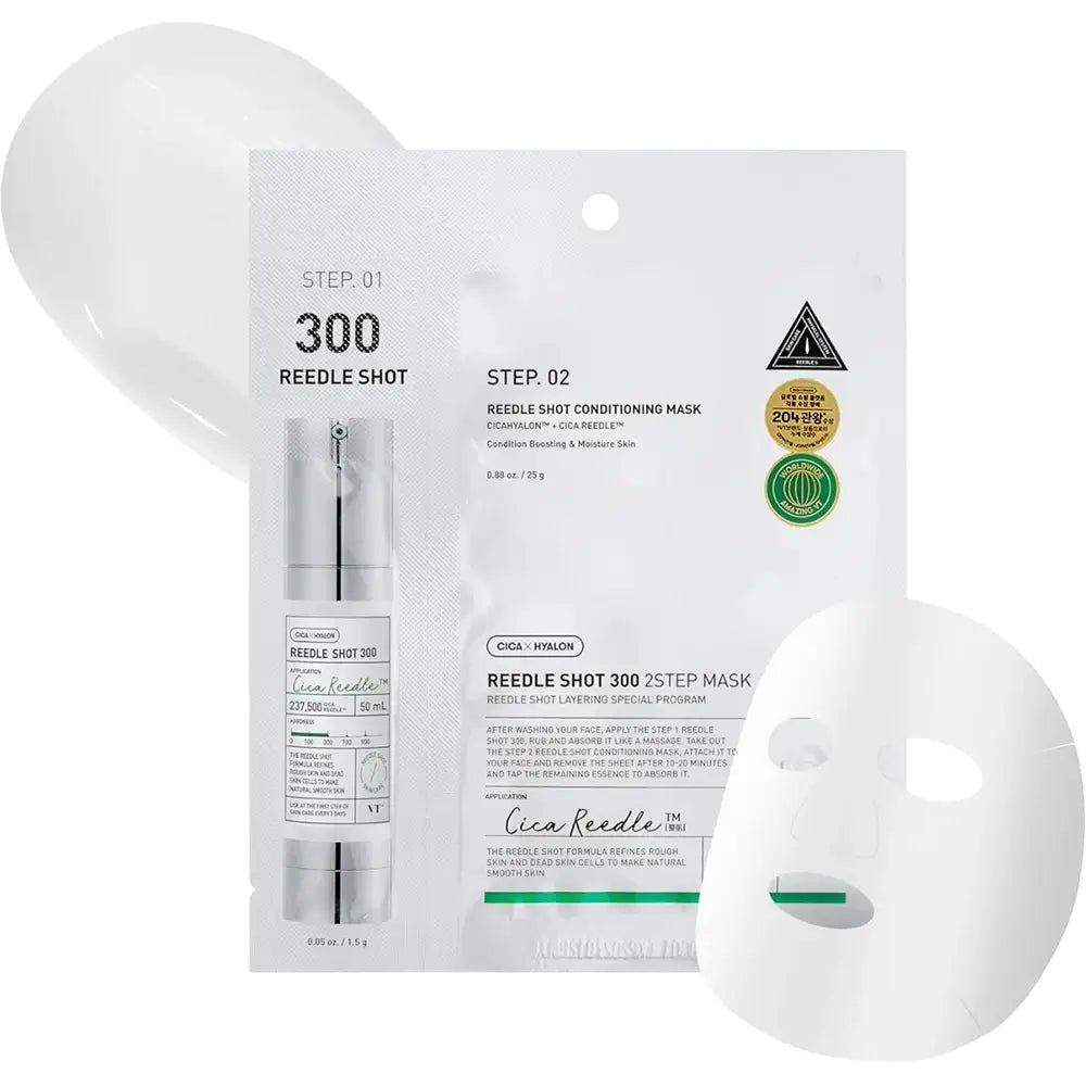 VT COSMETICS Cica Reedle Shot 300 2-Schritte - Gesichtsmaske formuliert mit Hyaluronsäure und pflanzlichen Extrakten, die zur Hautfeuchtigkeit und Texturverbesserung beitragen - 1,5 g + 25 g
