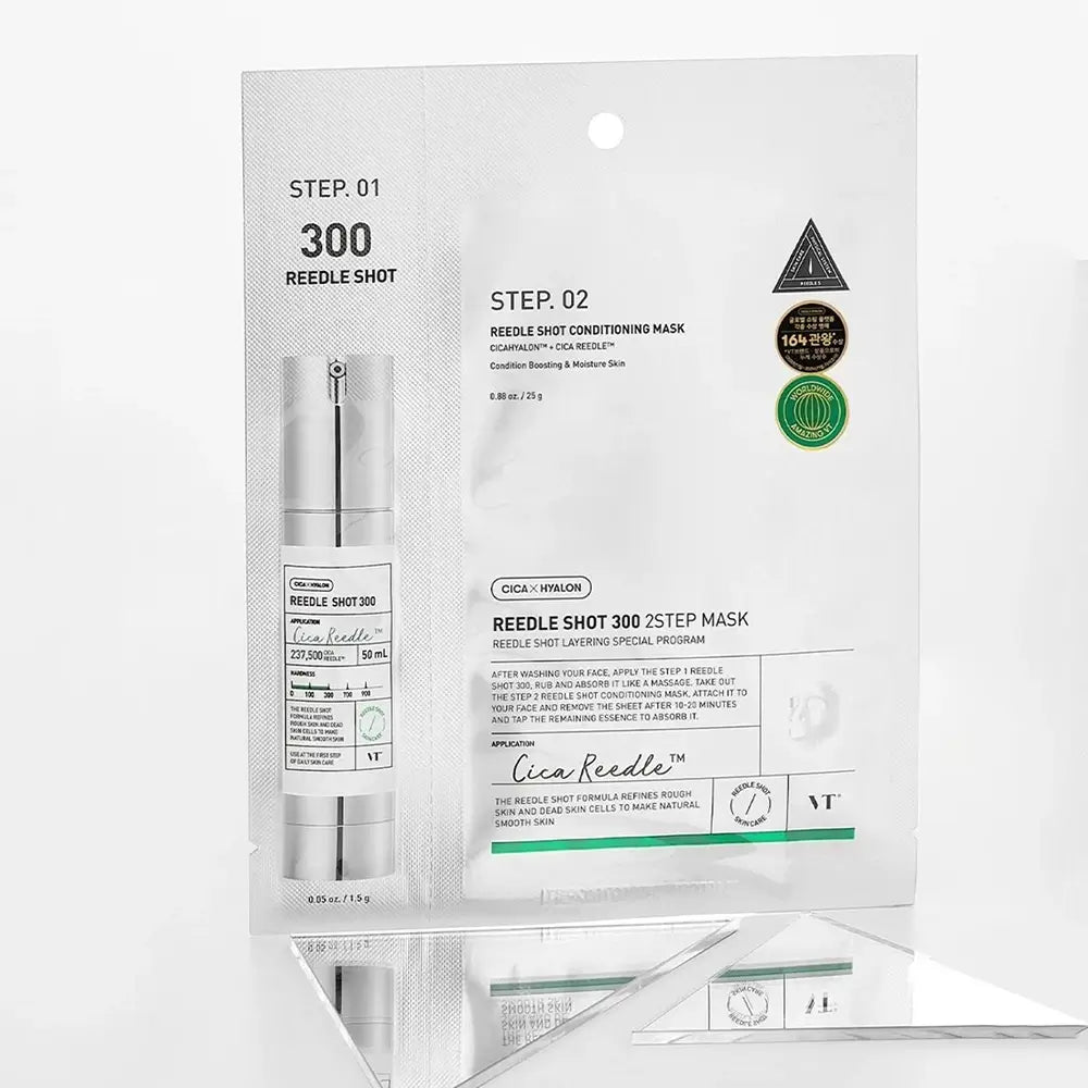 VT COSMETICS Cica Reedle Shot 300 2-Schritte - Gesichtsmaske formuliert mit Hyaluronsäure und pflanzlichen Extrakten, die zur Hautfeuchtigkeit und Texturverbesserung beitragen - 1,5 g + 25 g