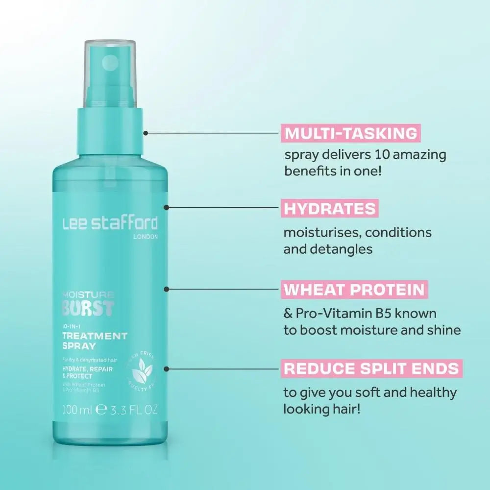 LEE STAFFORD Moisture Burst Hydrating 10-in-1 Treatment Spray - Spray pentru păr formulat cu Proteina din Grâu și Pro-Vitamina B5, care contribuie la hidratarea părului și la menținerea aspectului neted - 100 ml