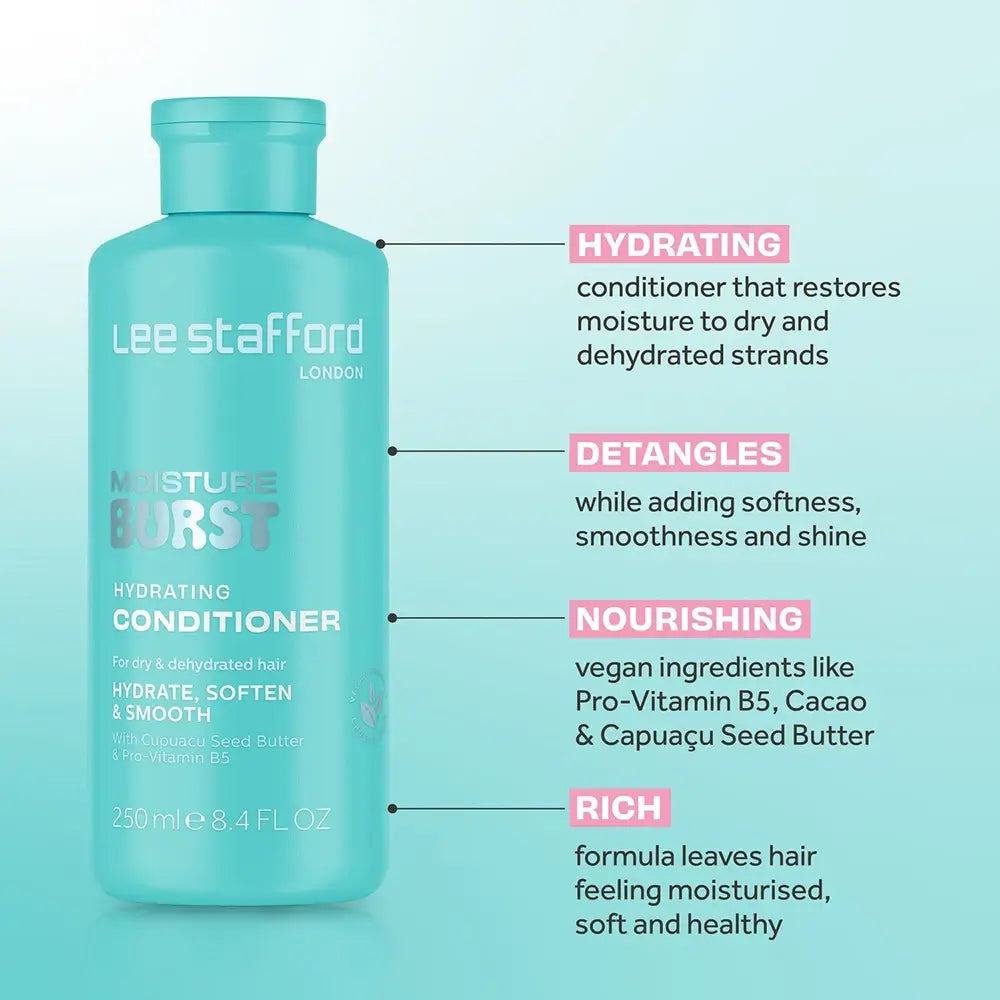 LEE STAFFORD Moisture Burst Hydrating Conditioner - Balsam pentru hidratare cu unt de semințe de Cupuacu și Pro Vitamina B5, pentru păr uscat și fragil - 250 ml