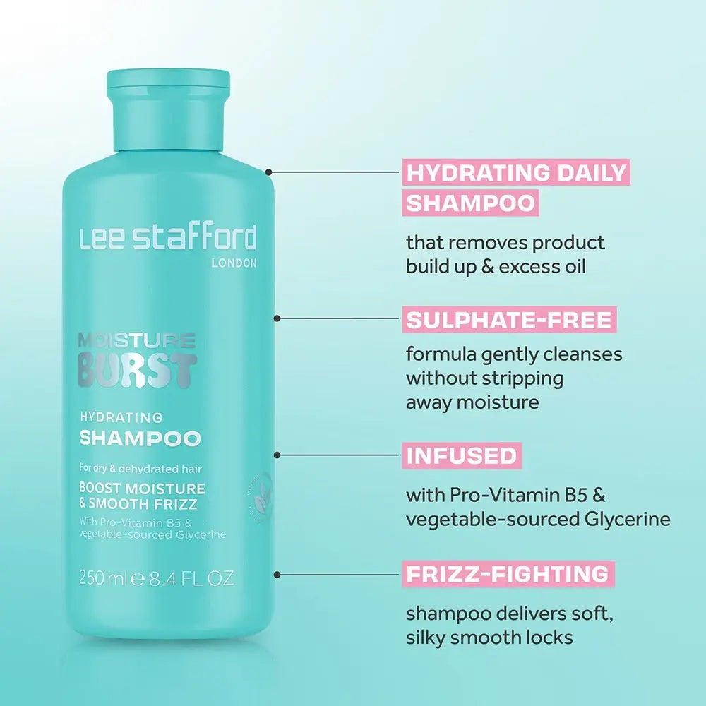 LEE STAFFORD Moisture Burst Hydrating Shampoo - Shampoo formuliert mit Pro-Vitamin B5 und sulfatfreien Reinigungsmitteln, das zur sanften Reinigung von trockenem Haar und zur Erhaltung des Feuchtigkeitsgehalts beiträgt - 250 ml
