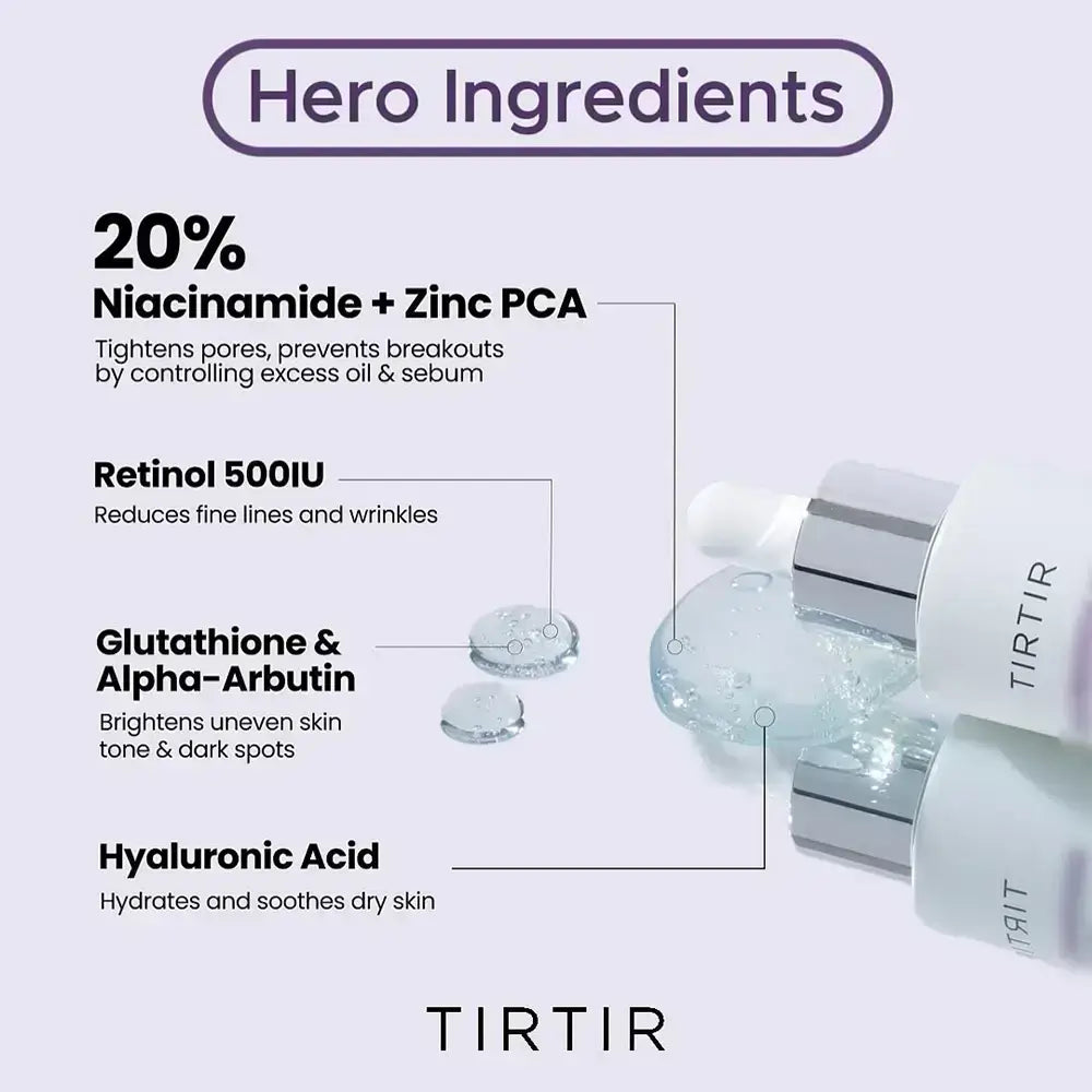 TIRTIR Niacinamide 20% - Gesichtsserum mit Niacinamid und Retinol zur Aufhellung, Hautbildverfeinerung und Regulierung der Talgproduktion - 30 ml