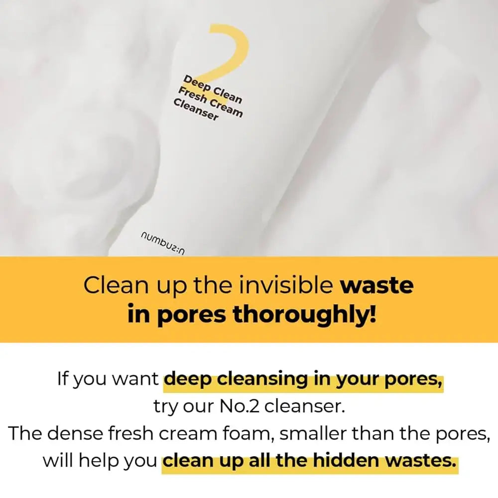 NUMBUZIN Nr.2 Deep Clean Fresh Cream Cleanser - Reinigingscrème geformuleerd met glycerine en Coco-Glucoside, die helpt bij het verwijderen van onzuiverheden, overtollig talg en make-upresten en het behouden van natuurlijke hydratatie - 120 ml