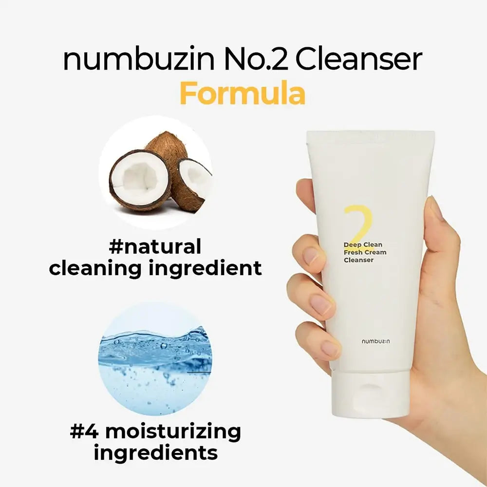 NUMBUZIN Nr.2 Deep Clean Fresh Cream Cleanser - Reinigingscrème geformuleerd met glycerine en Coco-Glucoside, die helpt bij het verwijderen van onzuiverheden, overtollig talg en make-upresten en het behouden van natuurlijke hydratatie - 120 ml