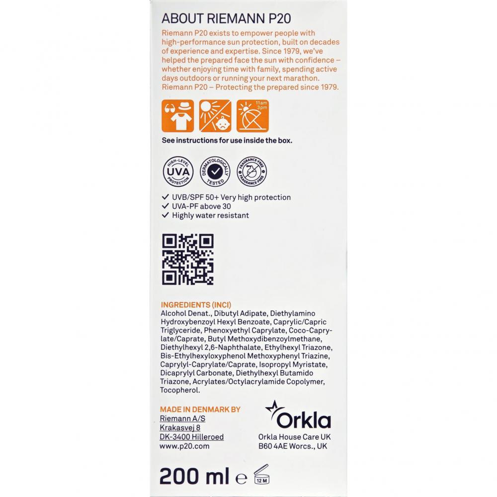 RIEMANN P20 Original SPF50+ PA++++ 200 ml - Transparentes Spray mit UVA- und UVB-Filtern und parfümfreier Formel, Outdoor