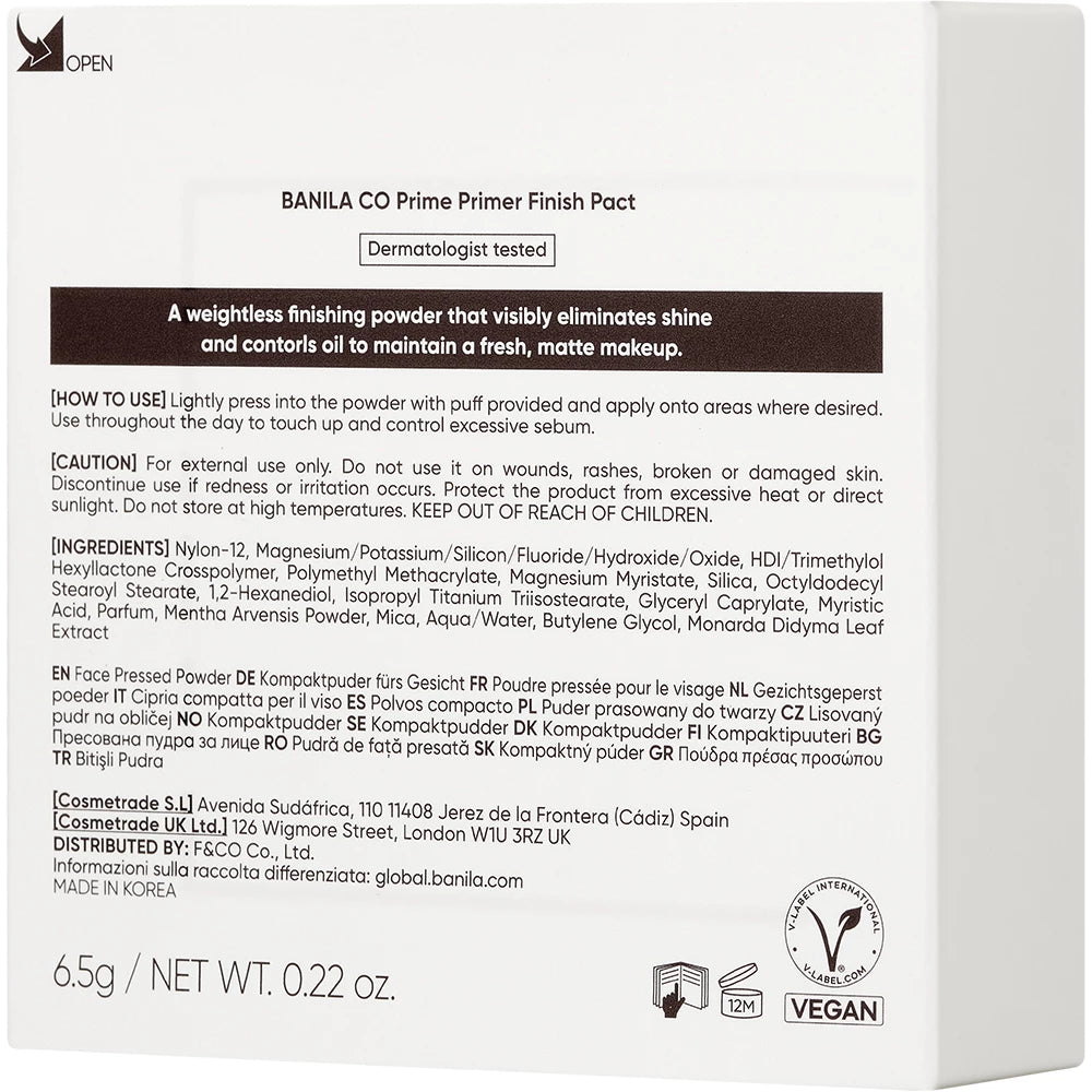 BANILA CO Prime Primer Finish Pact - Puder für das Gesicht, angereichert mit Mentha Arvensis Leaf und Monarda Didyma Leaf zur Kontrolle von überschüssigem Talg und für ein gleichmäßiges Finish - 6,5 g