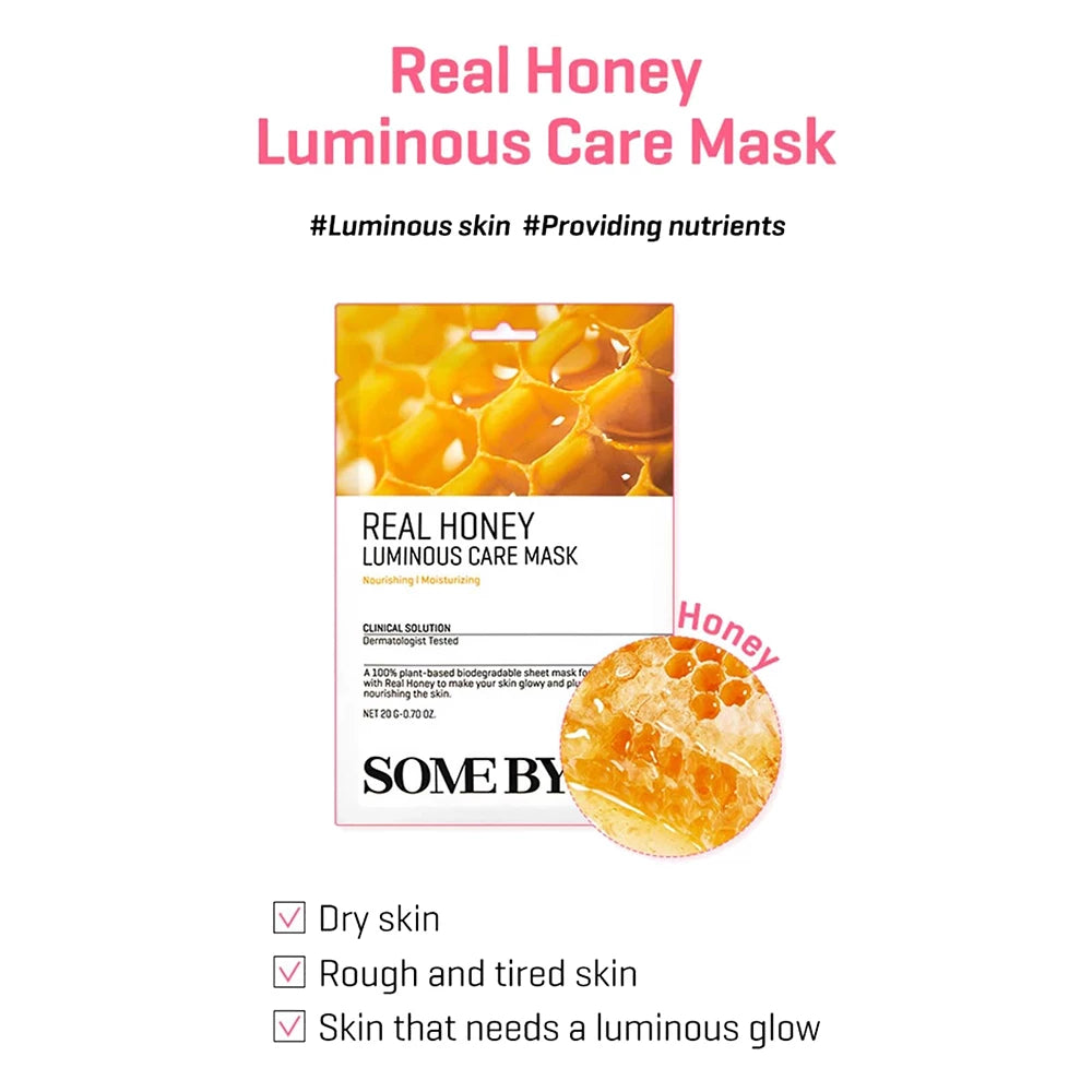 SOME BY MI Real Honey Luminous Care Mask - Pflegende Tuchmaske mit Honig- und Panthenol-Extrakt zur Beruhigung der Haut und Stärkung der Hautbarriere - 20 g