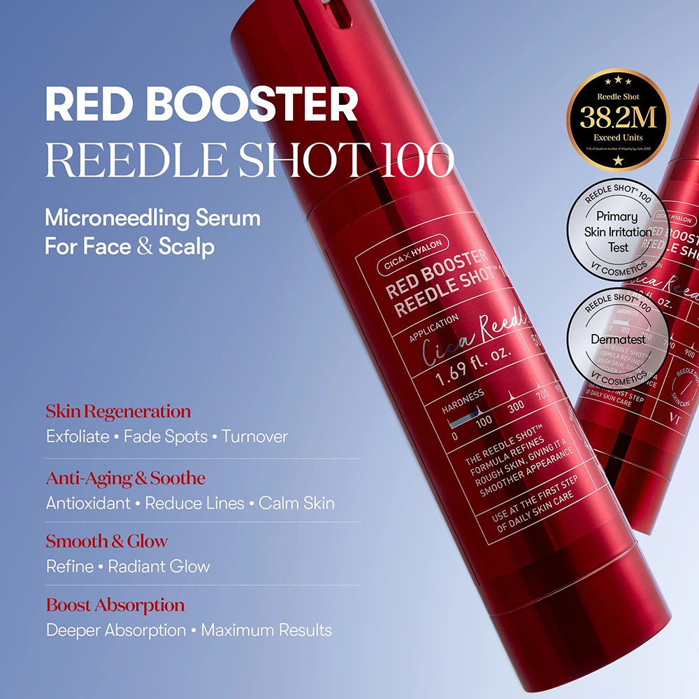 VT COSMETICS Red Booster Reedle Shot 100 - Gesichtsserum mit Niacinamid und Arbutin zur Aufhellung des Hauttons und Minderung von Pigmentflecken - 50 ml