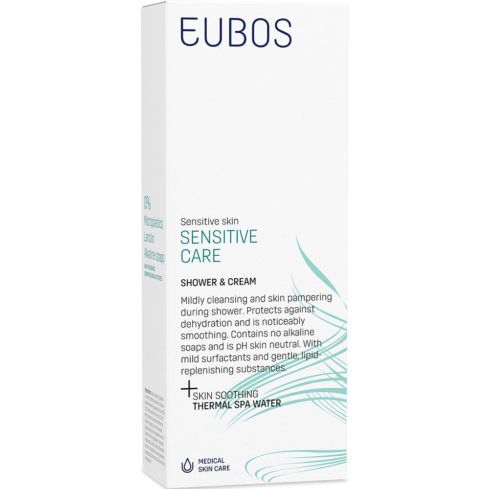 EUBOS Sensitive Care Dusch- und Cremebad - Duschgel formuliert mit mineralreichem Thermalwasser und Panthenol, das zur sanften Reinigung empfindlicher Haut beiträgt und die natürliche Hautbarriere bewahrt - 200 ml