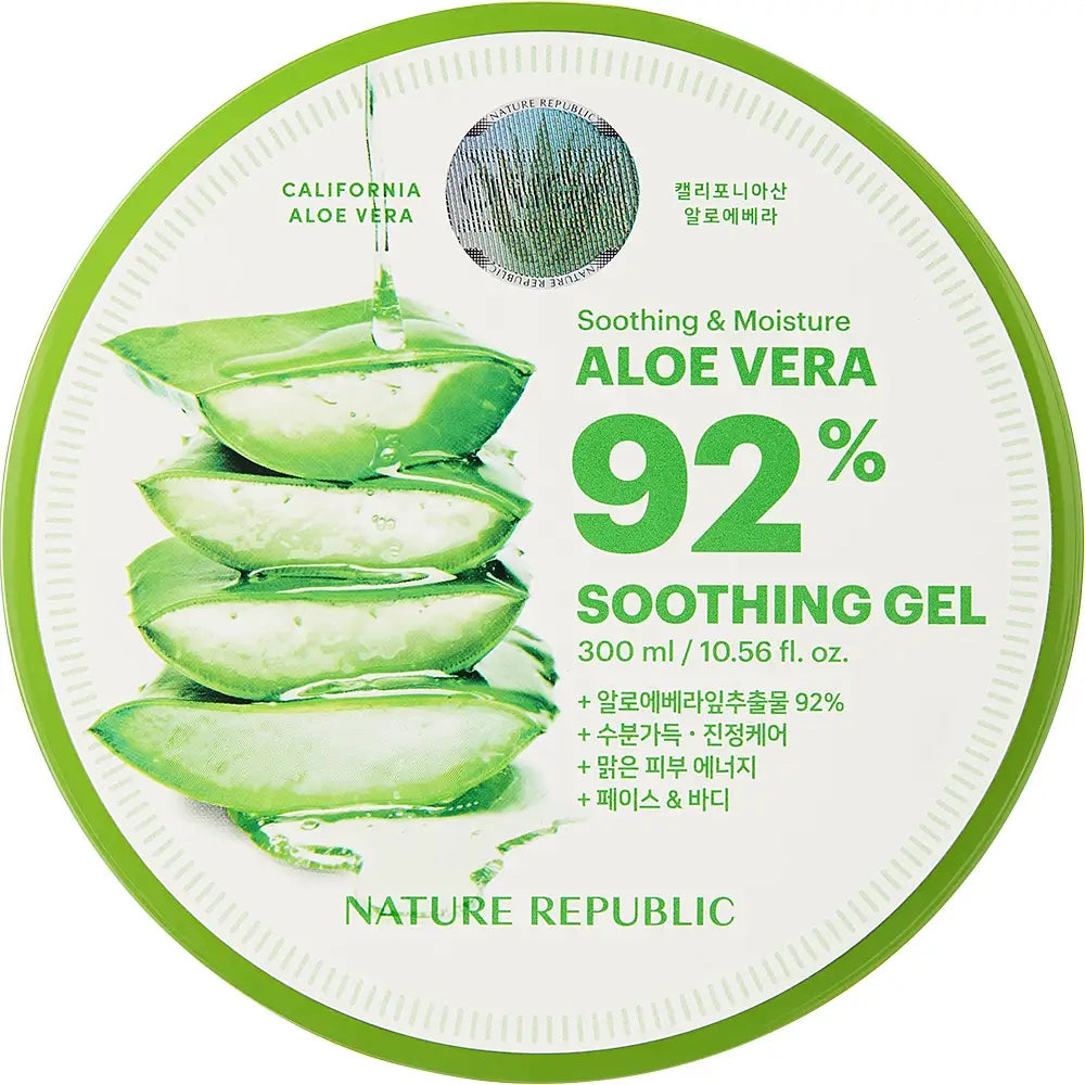 NATURE REPUBLIC Aloe Vera 92% Gel Feuchtigkeitsspendend für Gesicht und Körper – Beruhigend, intensive Feuchtigkeit und Schutz für empfindliche Haut, 300 ml