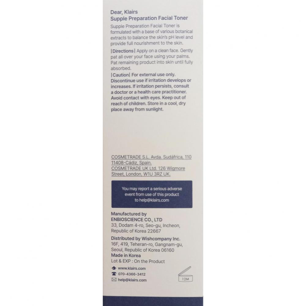 Dear Klairs Supple Preparation Toner Gesichtswasser - Intensive Feuchtigkeit und Beruhigung, 180 ml