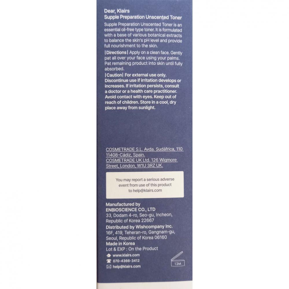 Dear Klairs Supple Preparation Toner parfümfrei - Beruhigender feuchtigkeitsspendender Toner mit Hyaluronsäure und Centella Asiatica, 180 ml
