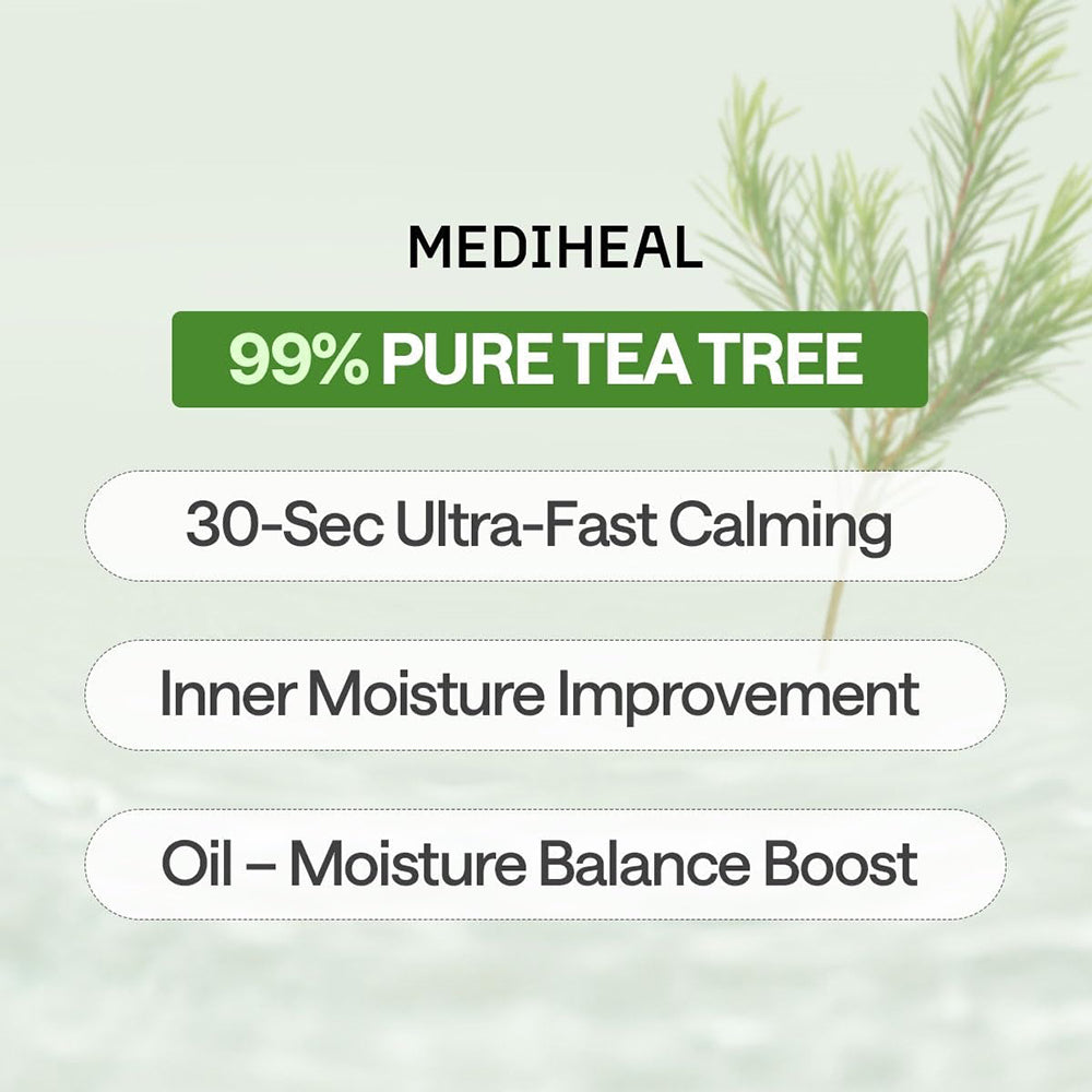 MEDIHEAL Teatree Essential Sheet Mask Calming Moisture - masca de fata tip servetel imbibata cu esenta formulata cu arbore de ceai si 4-terpineol, care contribuie la calmarea pielii si la metinerea hidratarii - 24 ml