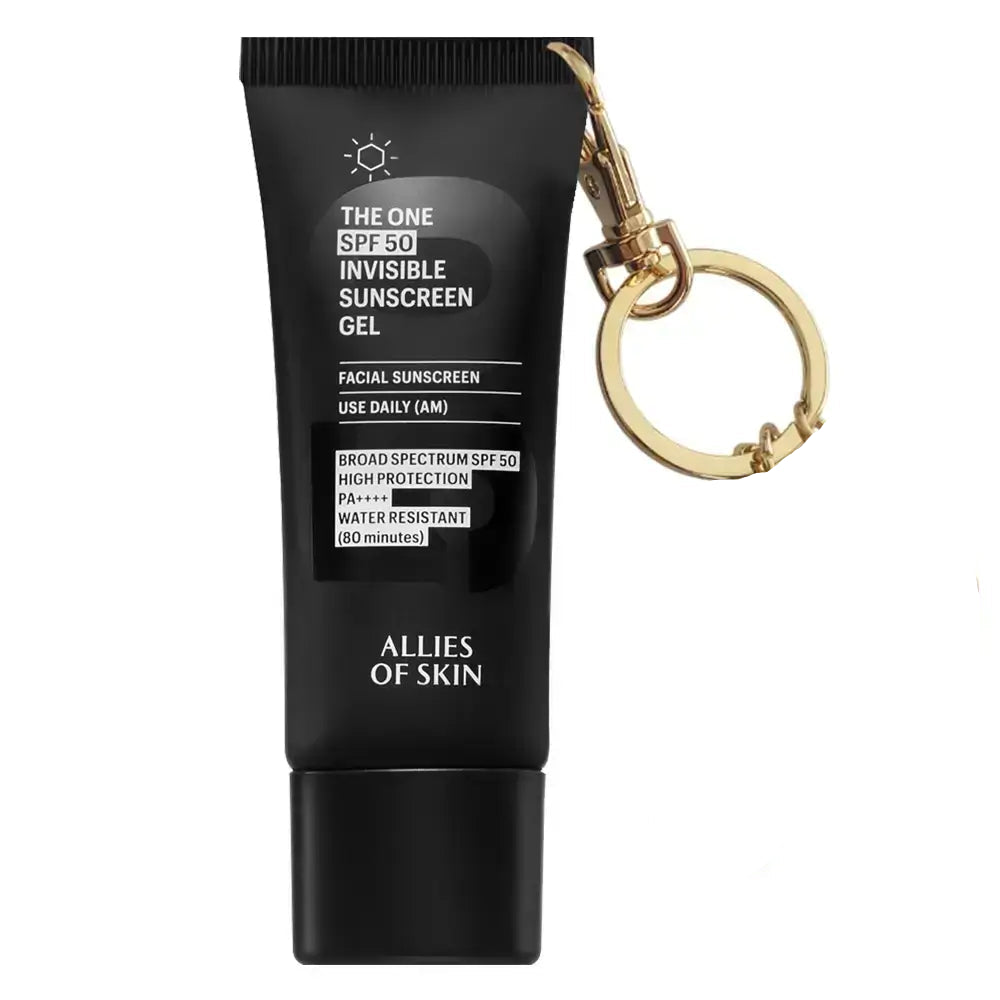 SPF TO GO - Anhänger Gold + Allies of Skin The One LSF 50 Invisible Sunscreen Gel Deluxe Mini (20 ml) - limitierte Auflage