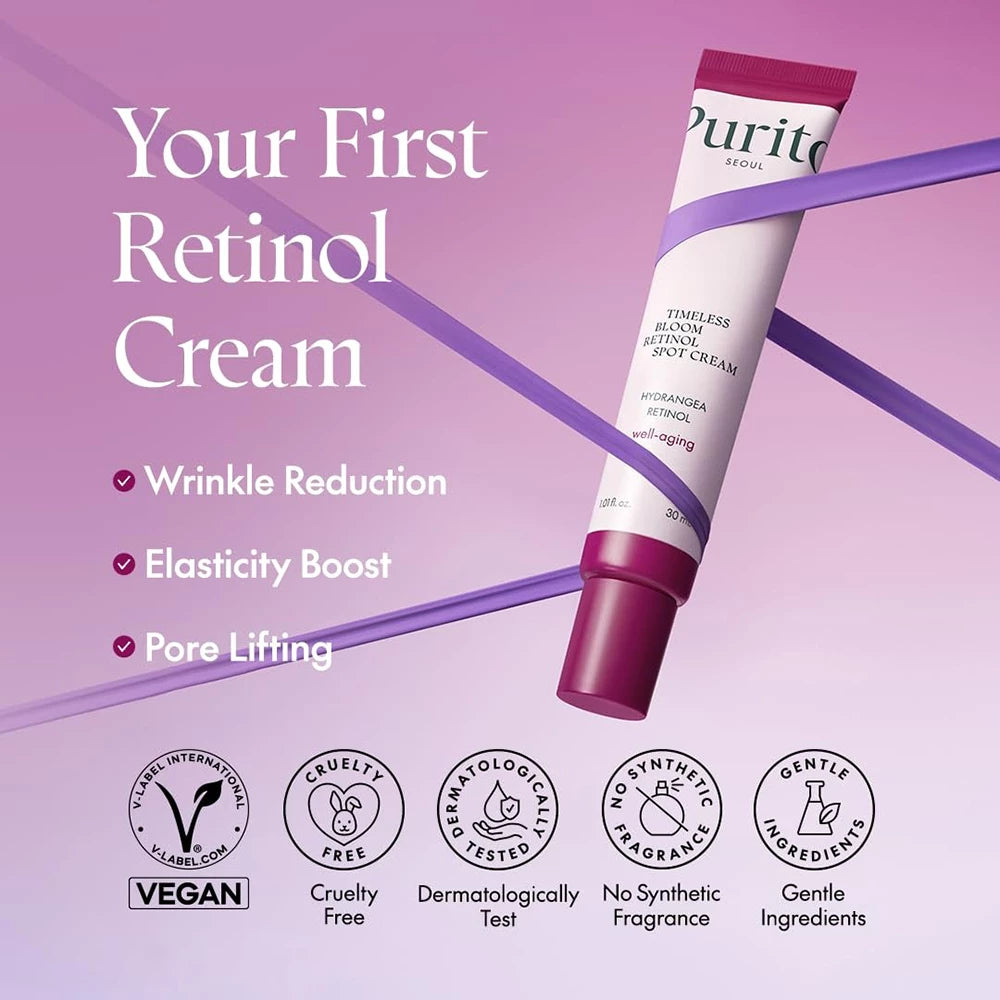 PURITO Timeless Bloom Retinol Spot Cream - Gesichtscreme mit Retinol und Bakuchiol zur Reduzierung von Falten - 30 ml
